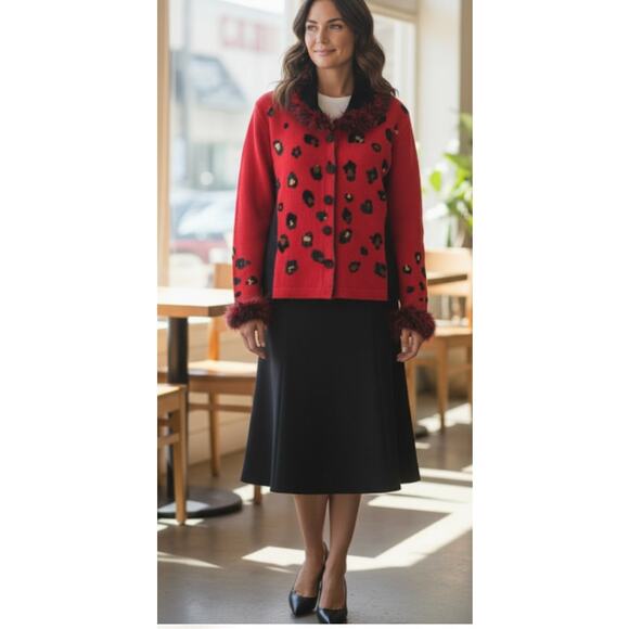 Berek Vintage Animal Print Red Cardigan Furry Accents size S - Picture 11 of 11